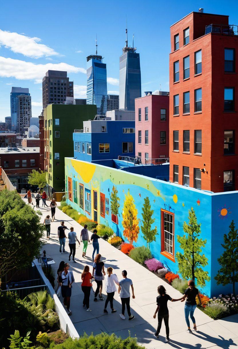 A vibrant community mural depicting diverse people engaging in joyful activities such as dancing, painting, and laughing together, surrounded by colorful innovations like renewable energy solutions and urban gardens. The skyline is filled with green rooftops and futuristic structures, conveying a sense of optimism and creativity. The scene is bathed in warm sunlight, enhancing the feeling of euphoria and joy. super-realistic. vibrant colors. bright blue sky.