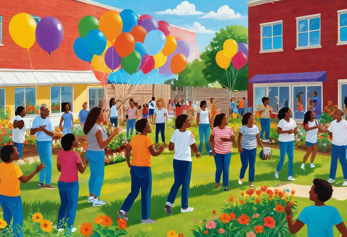 A colorful illustration of a diverse group of people engaging in various supportive activities within a vibrant community setting, featuring elements like a community garden, artistic mural, and shared laughter. Surrounding the people are symbols of joy, such as balloons and flowers, with a warm sun shining in the background, representing positive energy and connection. The scene embodies the essence of community joy and support. vibrant colors. illustration.