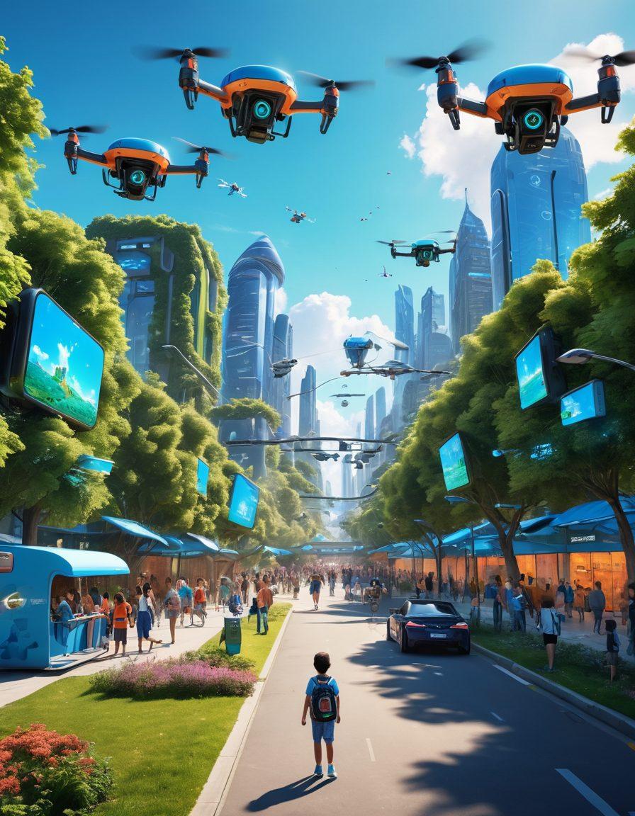 A futuristic cityscape with people using advanced gadgets and technology, showcasing happy faces, green parks, and interactive digital art installations. Drones flying overhead, smart vehicles on the streets, and children playing with educational robots, all under a bright blue sky. The atmosphere radiates positivity and innovation. vibrant colors. super-realistic.